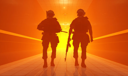 Silhouette of a soldier on a red background., 3d renderの写真素材