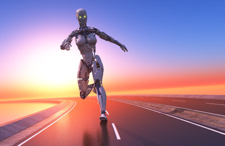 The robot are running along the road.,3d renderの写真素材