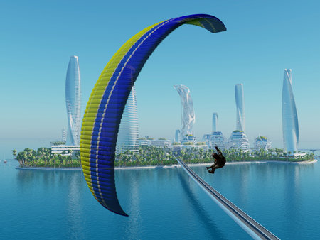 Paragliding of the modern city.,3d renderの写真素材