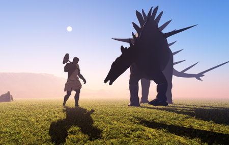 Primitive people and a dinosaur at sunset.,3d renderの写真素材