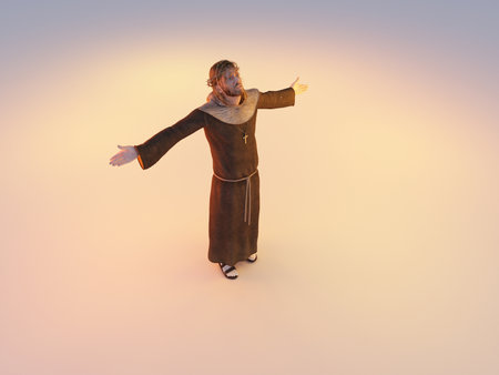 Jesus walking on clouds, 3d renderの写真素材