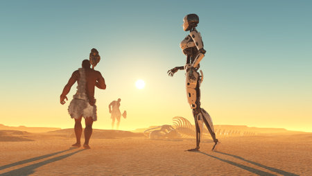 Primitive man and cyborg in the desert , 3D renderingの写真素材