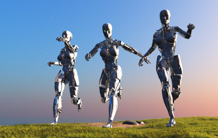 Two cyborgs are running along the road.,3d renderの写真素材
