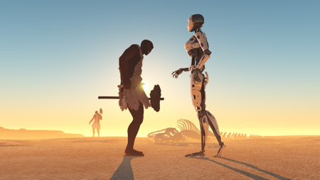 Primitive man and cyborg in the desert , 3D renderingの写真素材