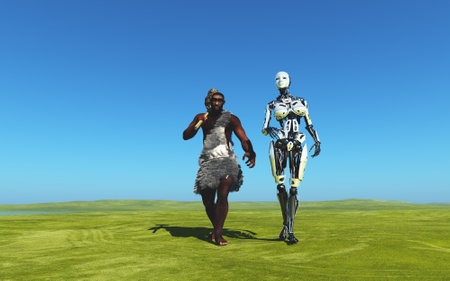 Primitive man and cyborg on green grass., 3D renderingの写真素材