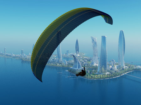 Paragliding of the modern city.,3d renderの写真素材