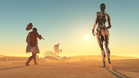 Primitive man and cyborg in the desert , 3D renderingの写真素材