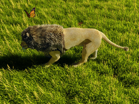 Silhouette of a lion on green grass., 3D renderingの写真素材