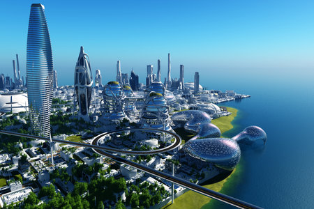 Future City on the coast.3d renderの写真素材