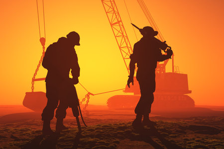 Silhouette of workers and excavator..,3d renderの写真素材