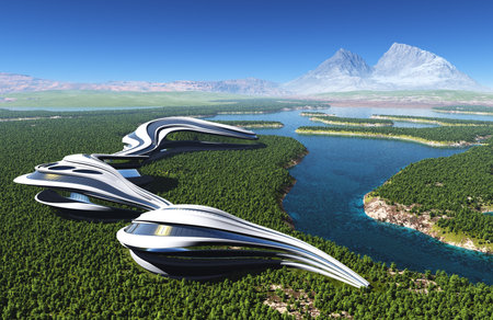 Future City on the coast.3d renderの写真素材