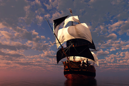 Vintage sailboat in the sea at sunset.3d renderの写真素材