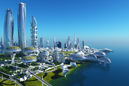 Future City on the coast.3d renderの写真素材