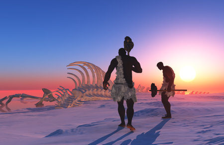 Primitive man and dinosaur skeleton.. 3D renderingの写真素材