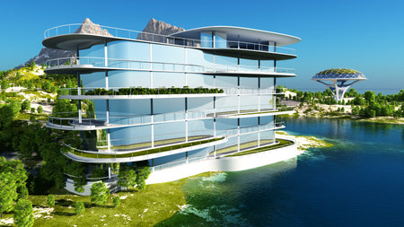 Modern building on a background sky ,3d render