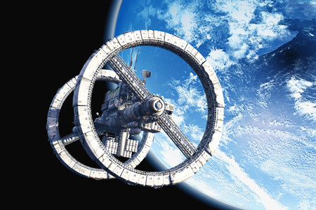 The space ship on the background of the planetの写真素材