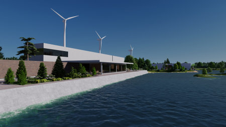 Modern cottage on the banks of the river. ,3d renderの写真素材