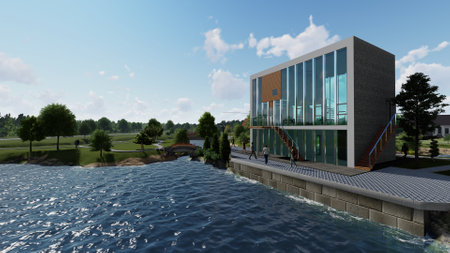 Modern cottage on the banks of the river. ,3d renderの写真素材