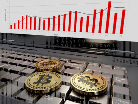 Bitcoin coins on a laptop.,3d renderの写真素材