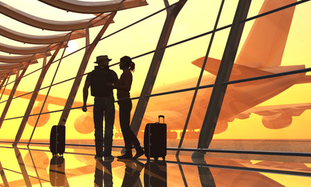 People at the window at the airport. ,3d renderの写真素材