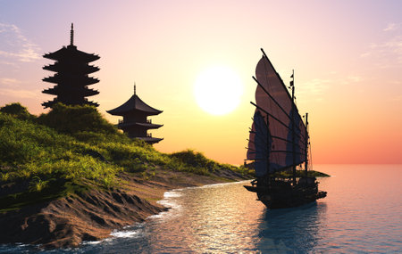 Old boat with sails on a colorful background lanshafty.3d renderの写真素材