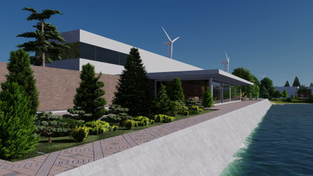Modern building on a background sky ,3d renderの写真素材