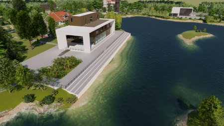 Modern cottage on the banks of the river. .3d renderの写真素材