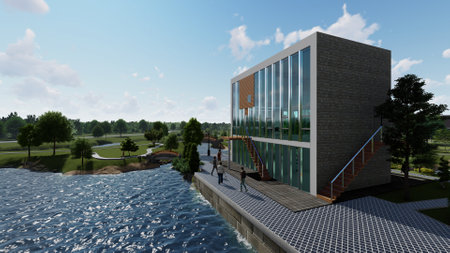 Modern cottage on the banks of the river. .3d renderの写真素材