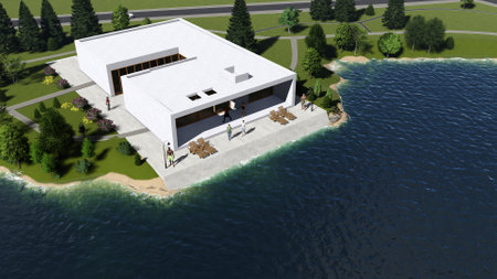 Modern cottage on the banks of the river. .3d renderの写真素材
