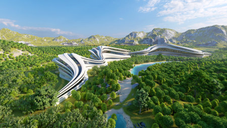 Fentazi building on the background of a landscape. .3d renderの写真素材