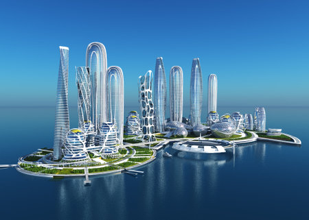 Future City on the coast.3d renderの写真素材
