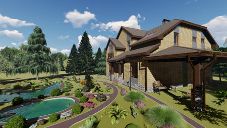Modern building on a background sky ,3d renderの写真素材