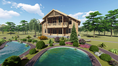 Modern building on a background sky ,3d renderの写真素材