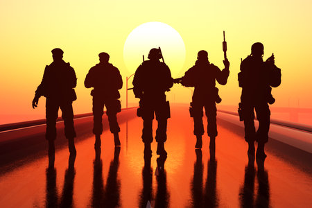 Silhouette of a soldier on the road.3d renderの写真素材