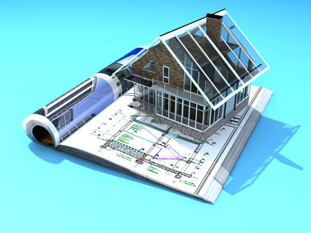 Model of the cottage on the magazine. 3d renderingの写真素材