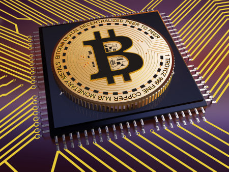 Bitcoin coins on the board of chips.,3d renderの写真素材