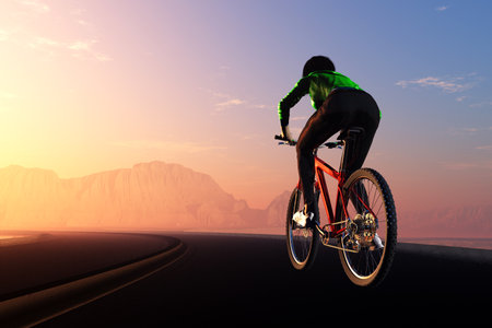 A girl on a bicycle on the road.3d renderの写真素材