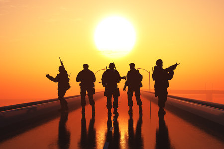 Silhouette of a soldier on the road.3d renderの写真素材