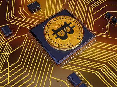 Bitcoin coins on the board of chips.,3d renderの写真素材