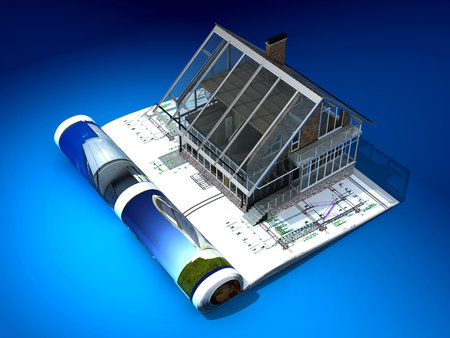 Model of the cottage on the magazine. 3d renderingの写真素材