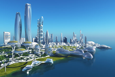 Future City on the coast.3d renderの写真素材