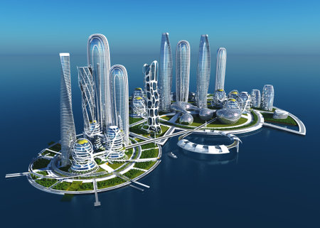 Future City on the coast.3d renderの写真素材