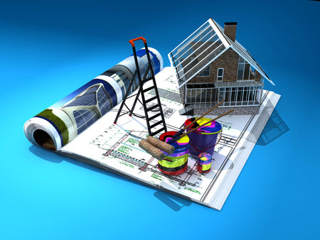 Model of the cottage on the magazine. 3d renderの写真素材