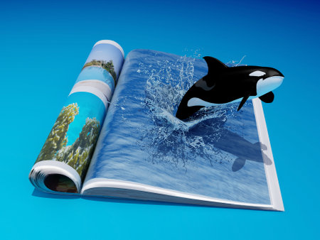 Whale swims in the water on the magazine. 3d renderの写真素材