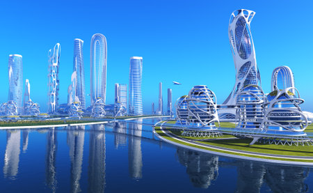 Future City on the coast.3d renderの写真素材