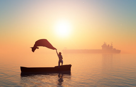 Silhouette the woman on a background of the sea.3d renderの写真素材