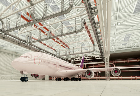 The passenger aircraft in the hangar. 3d renderingの写真素材
