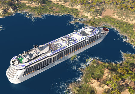 Summer landscape with passenger liner.,3d renderの写真素材