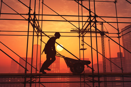 Silhouette of a worker with a wheelbarrow at a construction site..3d renderの写真素材