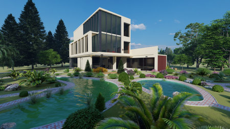 Modern building on a background sky, 3d renderの写真素材
